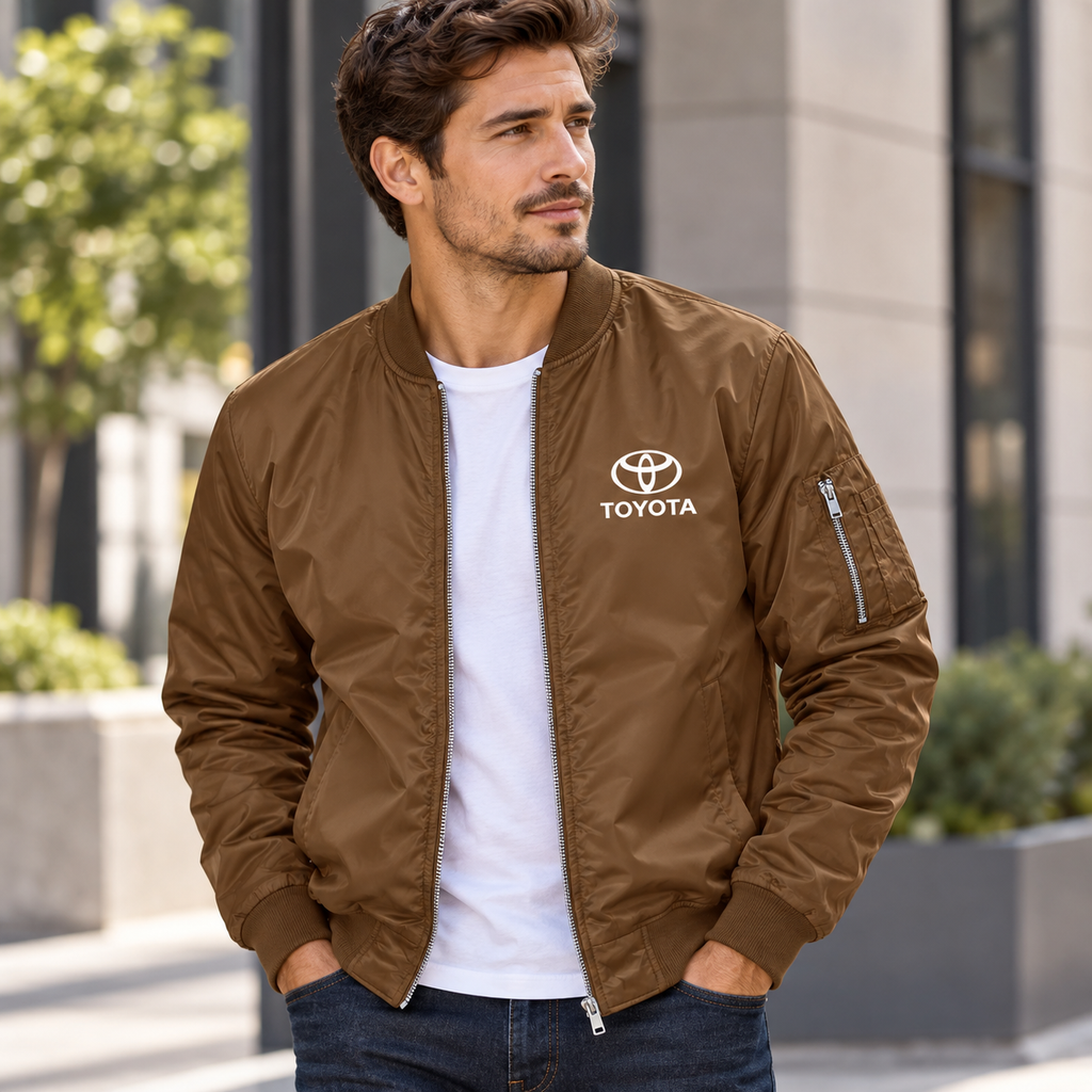 Toyota brown bomber jacket model lifestyle view | color: brown |