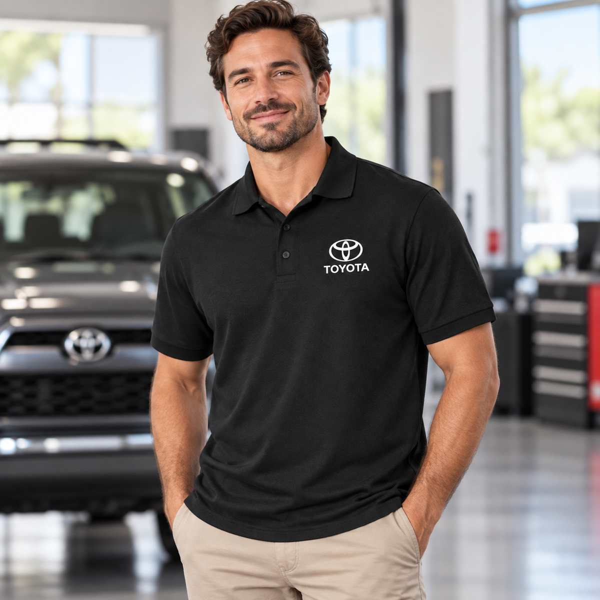Men’s Toyota Motorsport Car Dry Blend Polo | Color: Black | Image 5 | Showroom Lifestyle