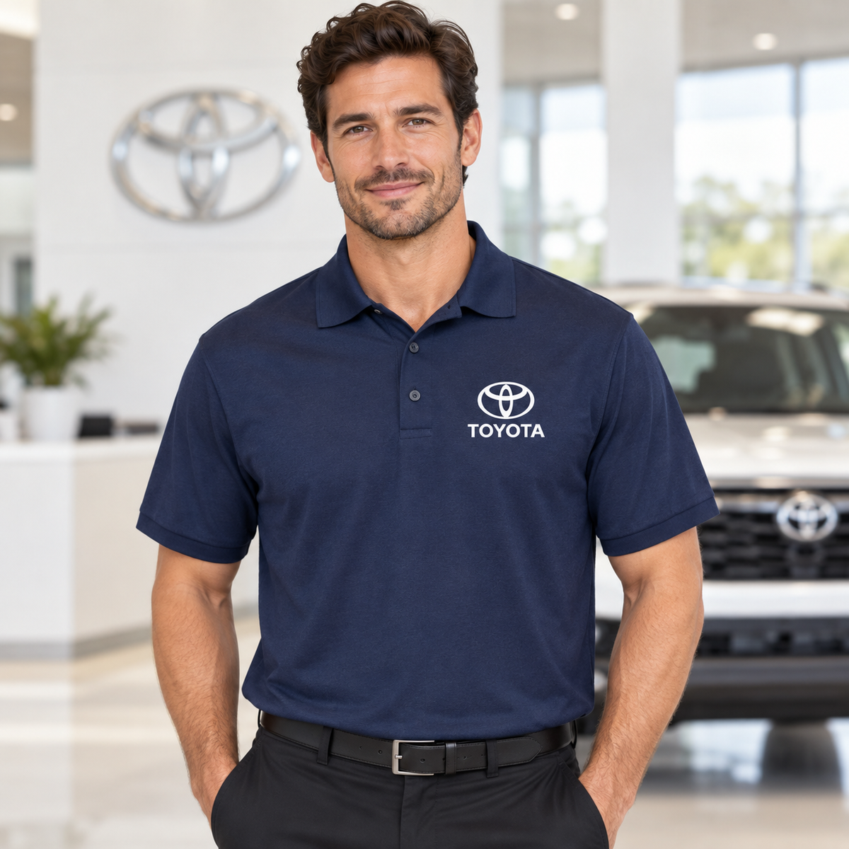 Men’s Toyota Motorsport Car Dry Blend Polo | Color: Navy | Image 1 | Meta Ad Hero