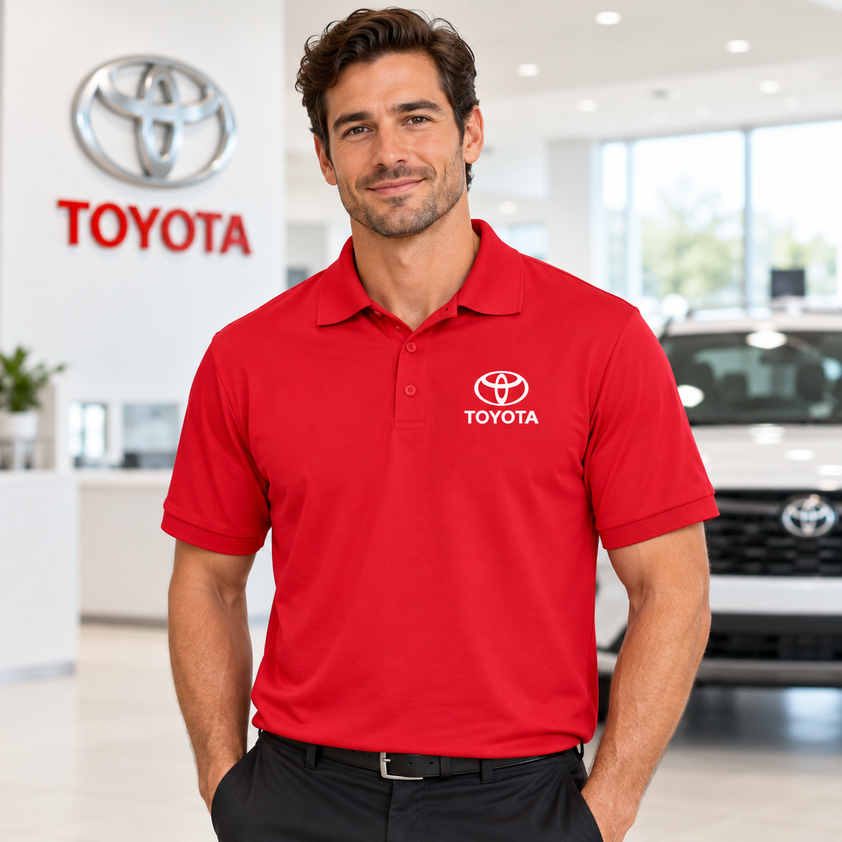 Men’s Toyota Motorsport Car Dry Blend Polo | Color: Red | Image 1 | Meta Ad Hero
