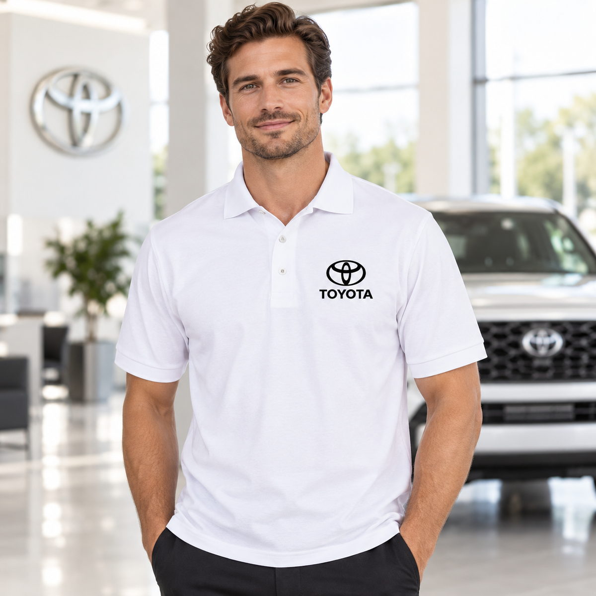 Men’s Toyota Motorsport Car Dry Blend Polo | Color: White | Image 1 | Meta Ad Hero
