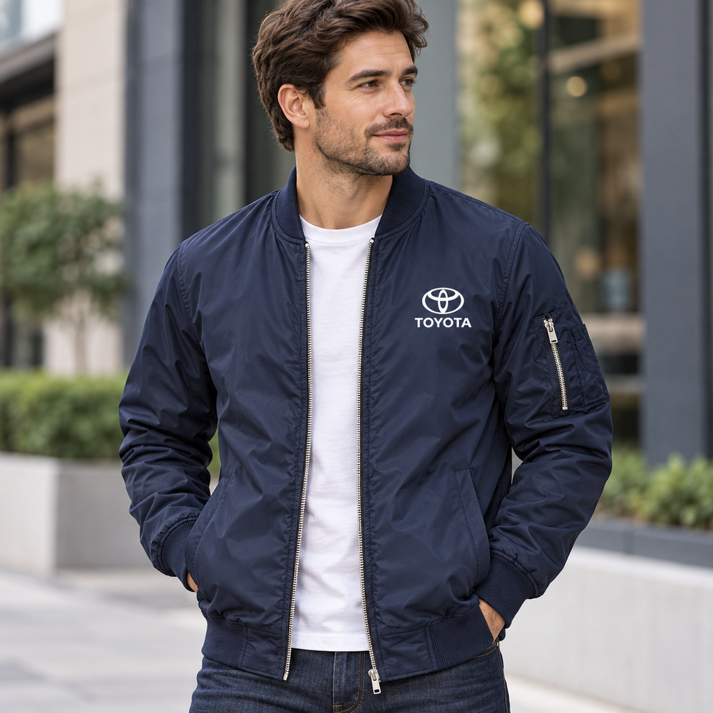 Toyota navy bomber jacket model lifestyle view | color: navy |