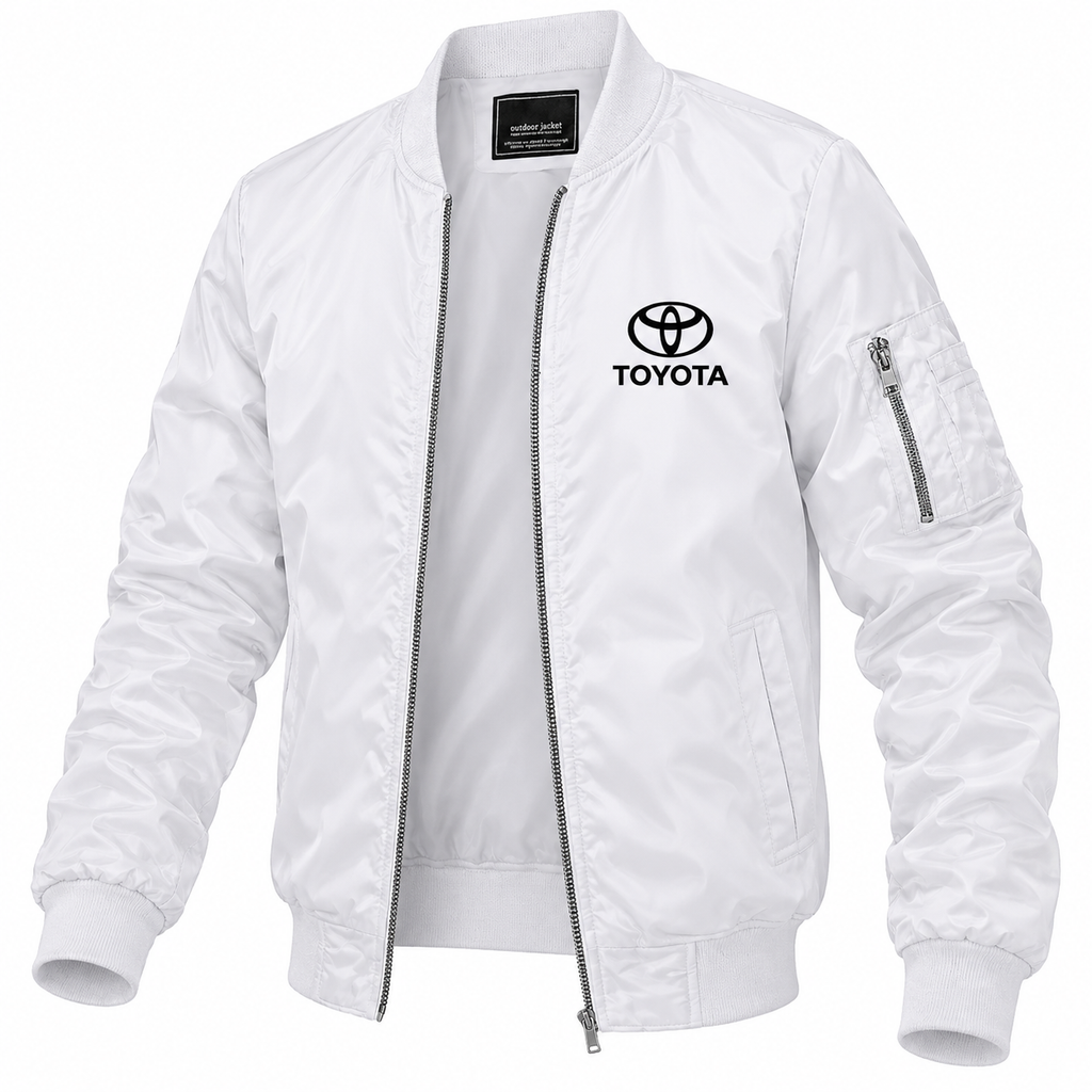 Toyota white bomber jacket angled product view | color: white |