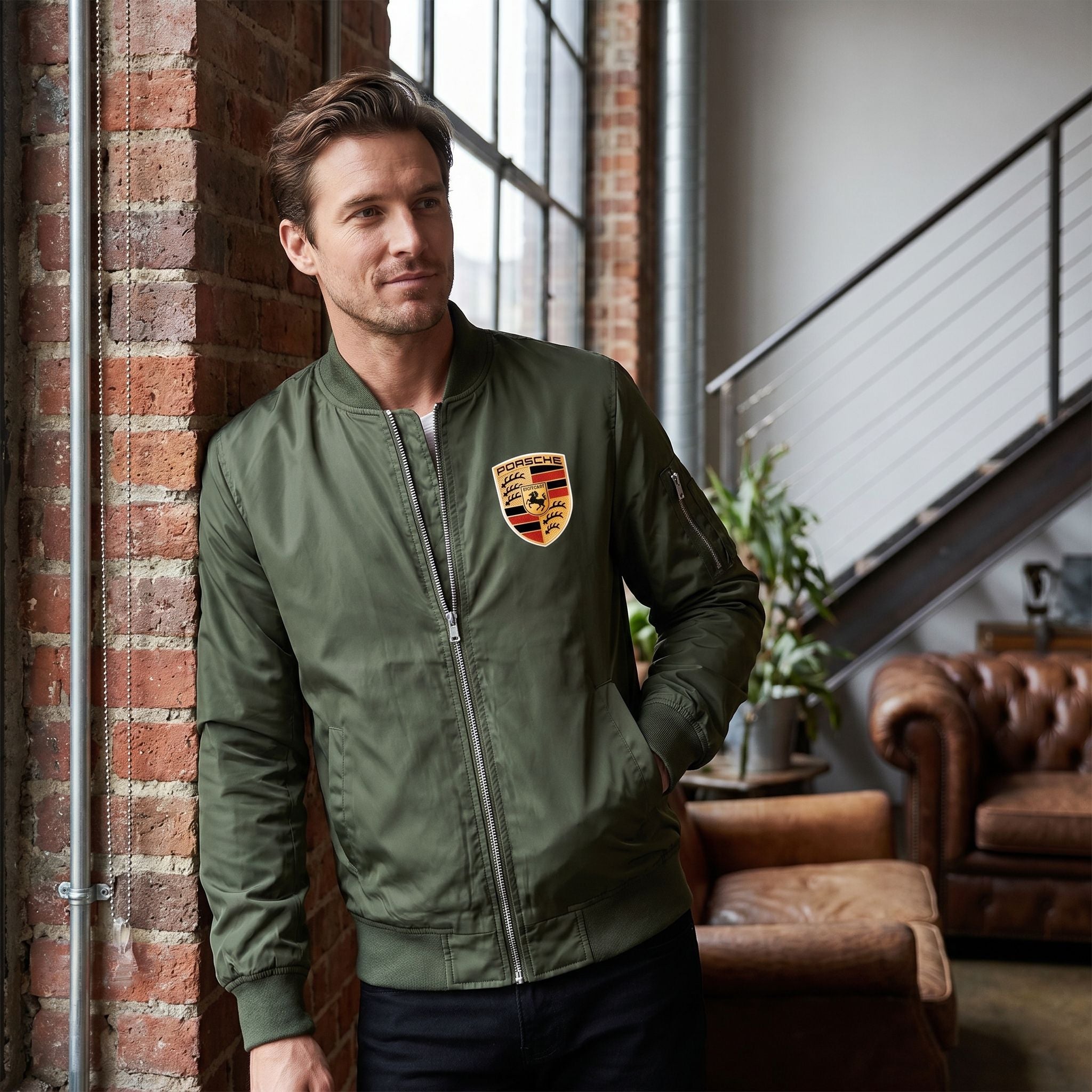 Casual shot of men's bomber jacket with ribbed cuffs and collar in a stylish loft setting.