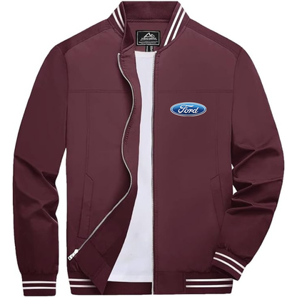 Men’s Ford Car Lightweight Zip-Up Bomber Jacket with Ribbed Collar and Cuffs - Versatile Casual Outerwear