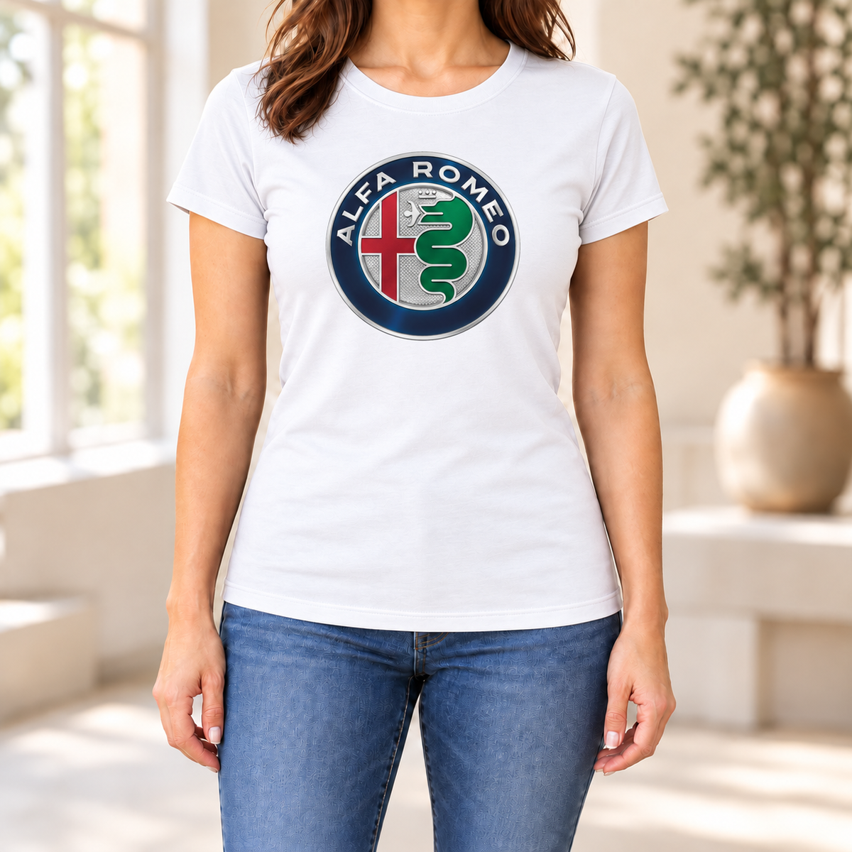 Women's Alfa Romeo Car Round Neck T-Shirt — White