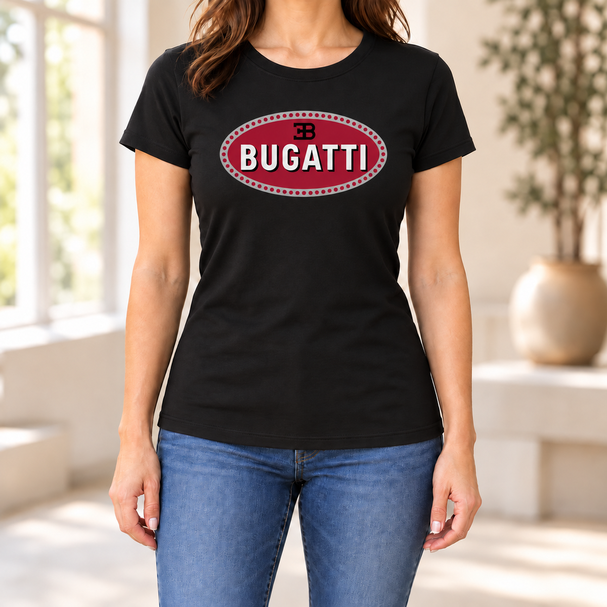 Women's Bugatti Car Round Neck T-Shirt — Black