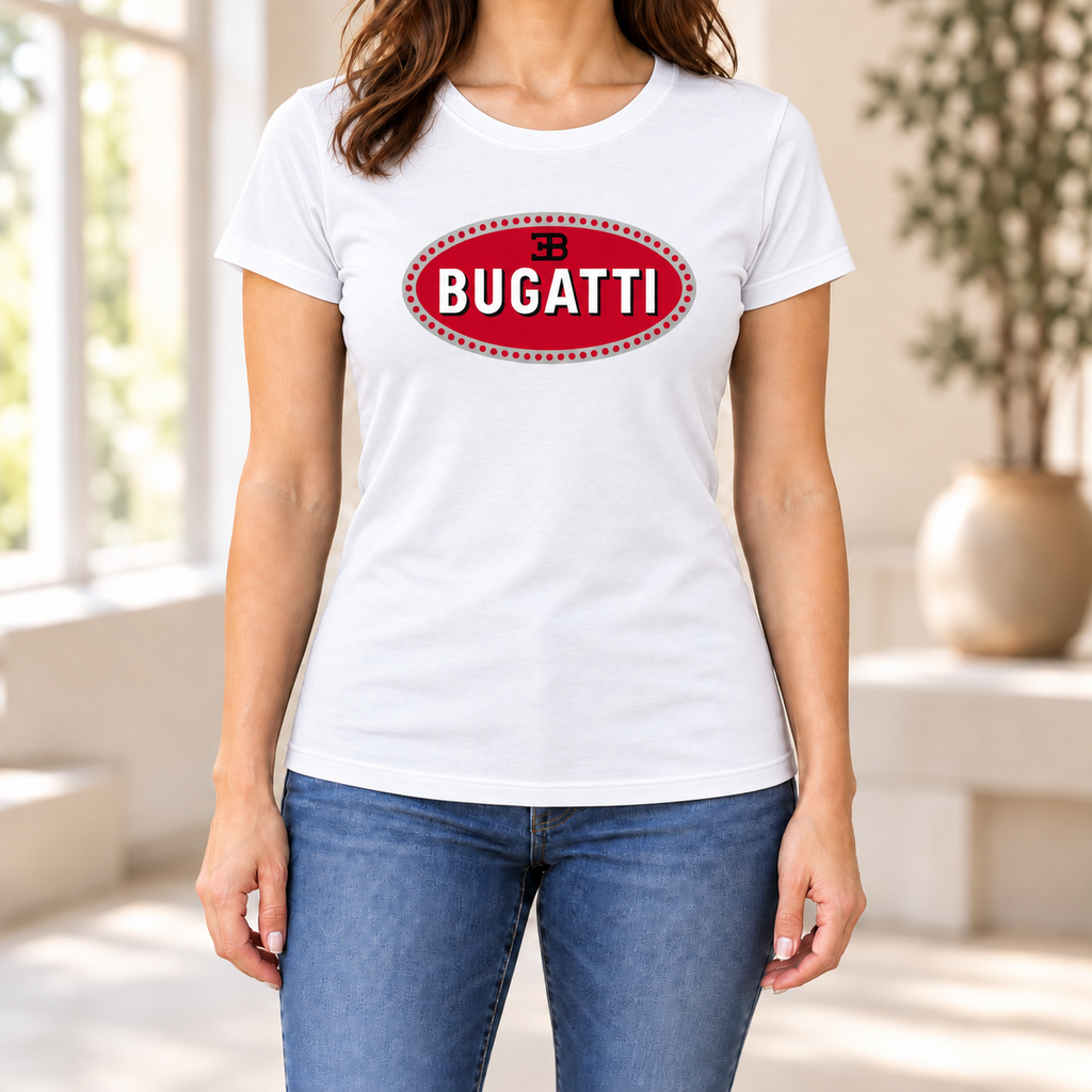Women's Bugatti Car Round Neck T-Shirt — White