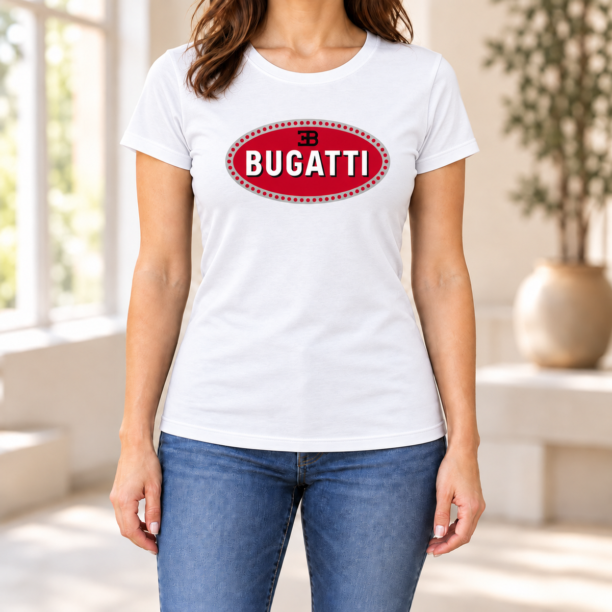 Women's Bugatti Car Round Neck T-Shirt — White