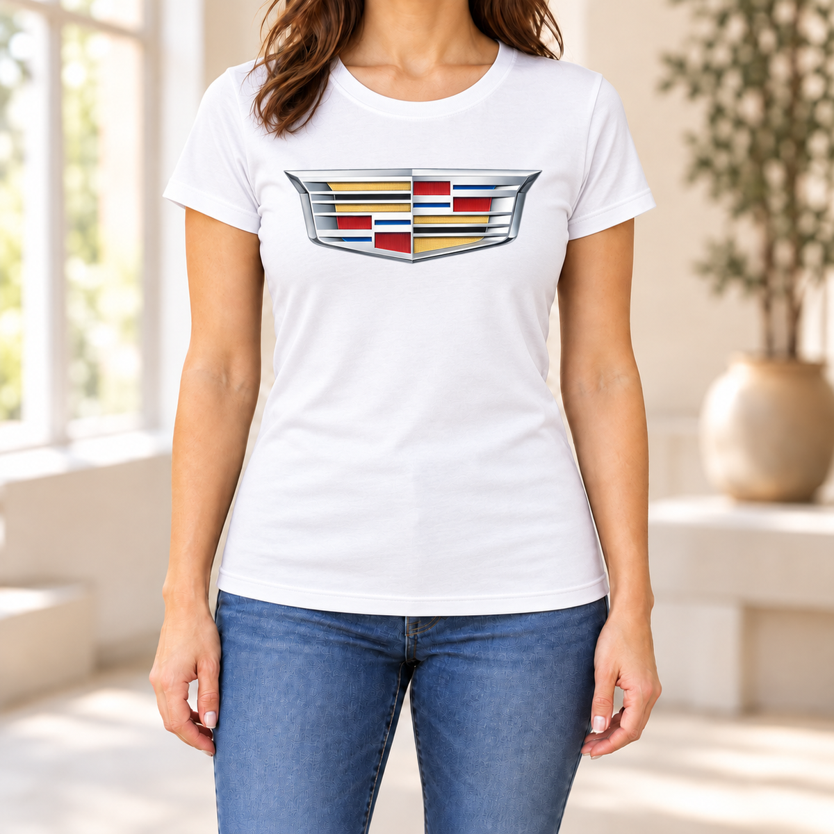 Women's Cadillac Car Round Neck T-Shirt — White