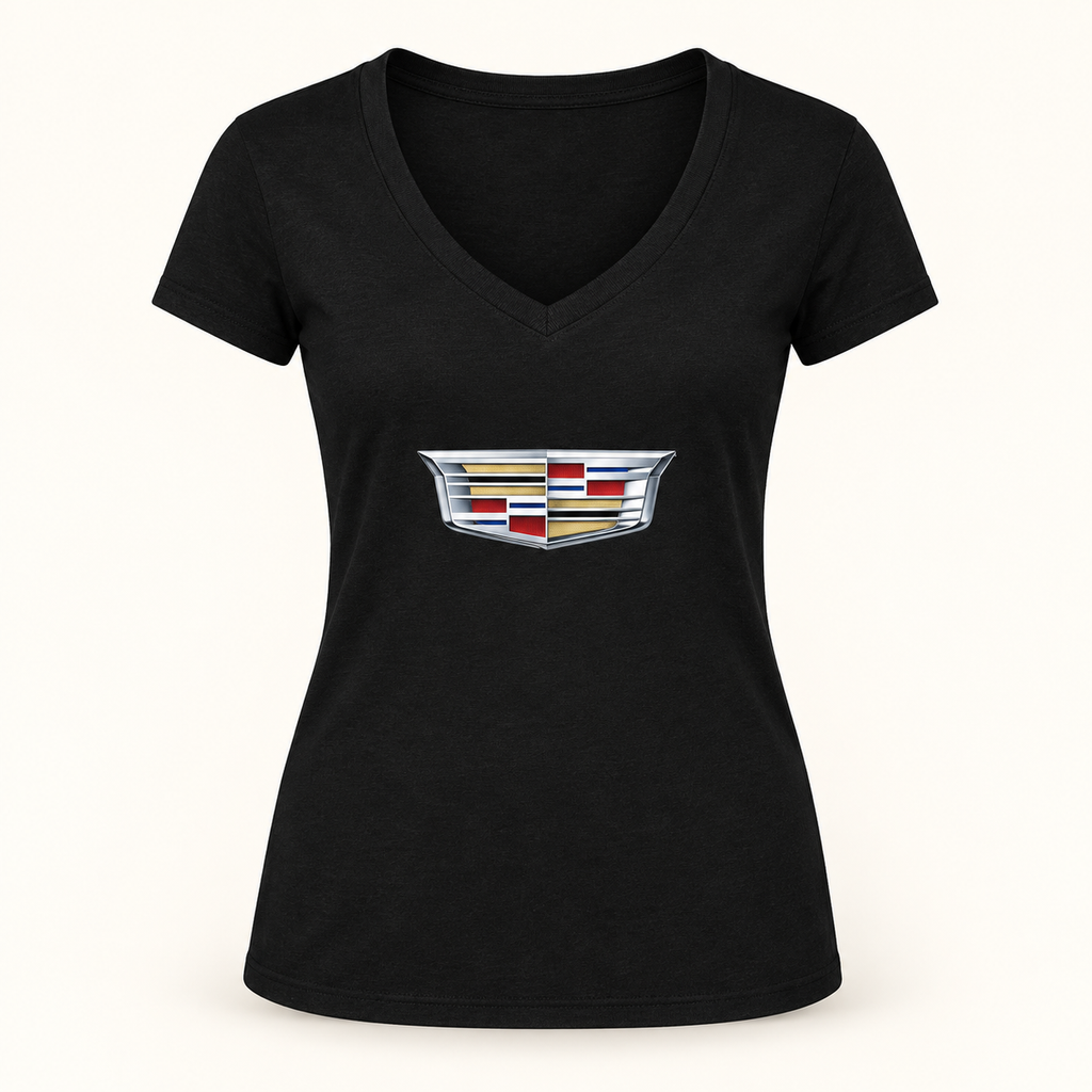 Women's Cadillac Car V-Neck T-Shirt | Color: Black | Image 1
