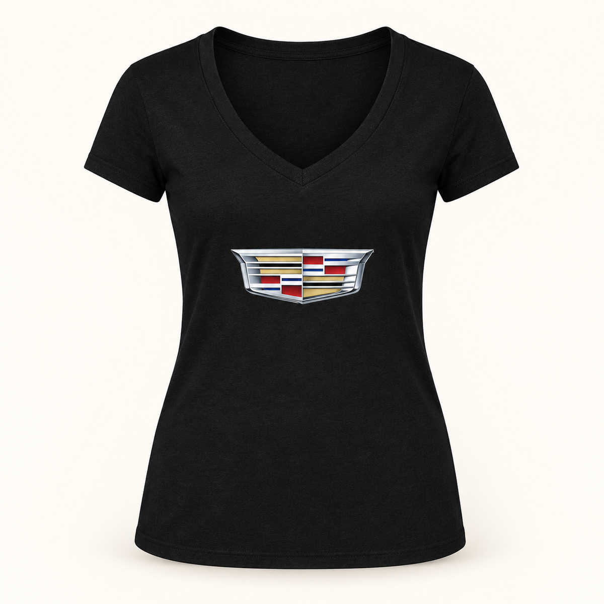 Women's Cadillac Car V-Neck T-Shirt | Color: Black | Image 1