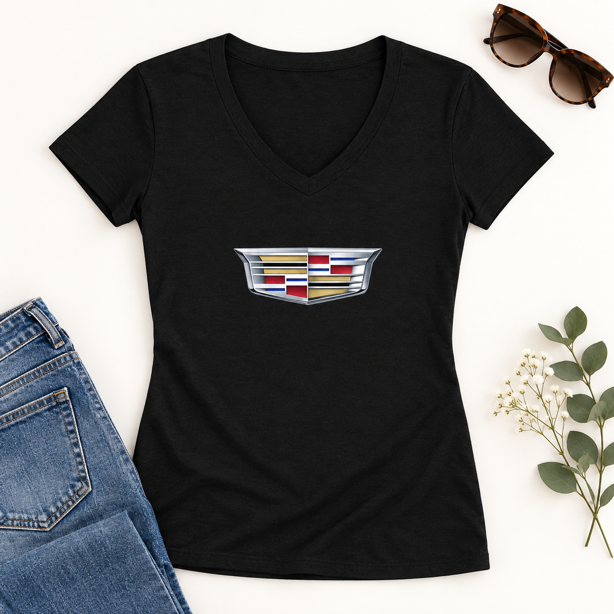 Women's Cadillac Car V-Neck T-Shirt | Color: Black | Image 4