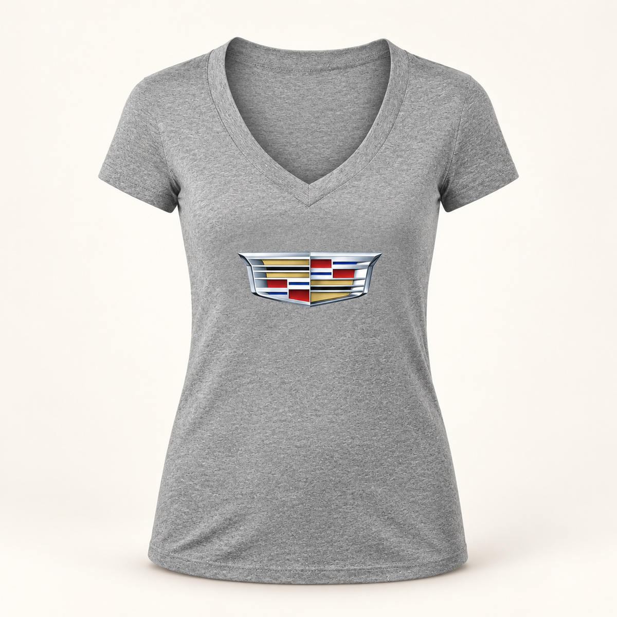Women's Cadillac Car V-Neck T-Shirt | Color: Gray | Image 1