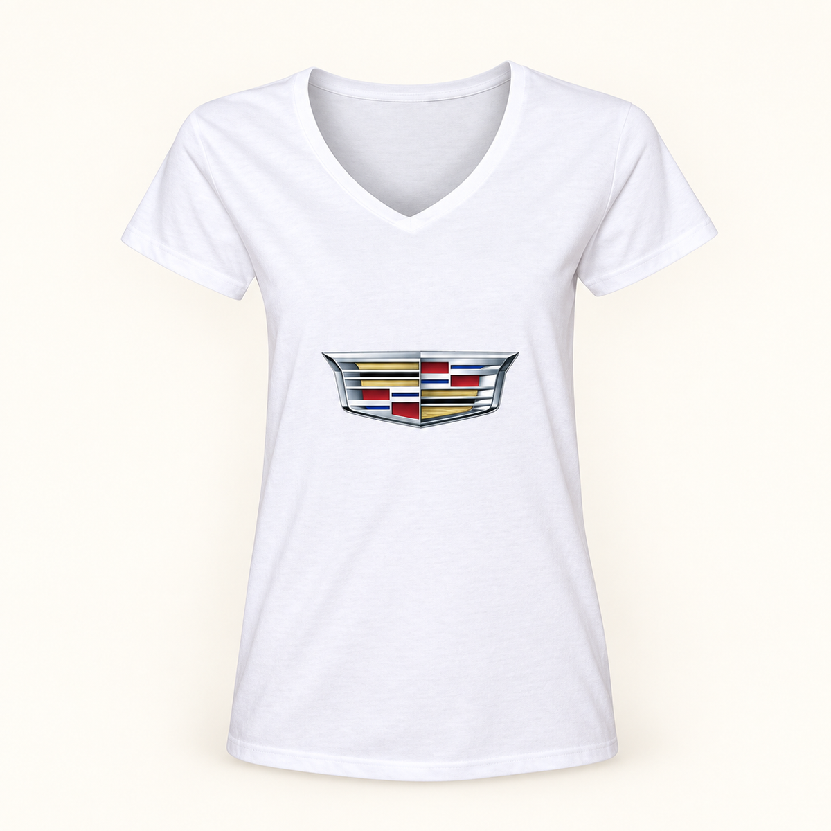 Women's Cadillac Car V-Neck T-Shirt | Color: White | Image 1