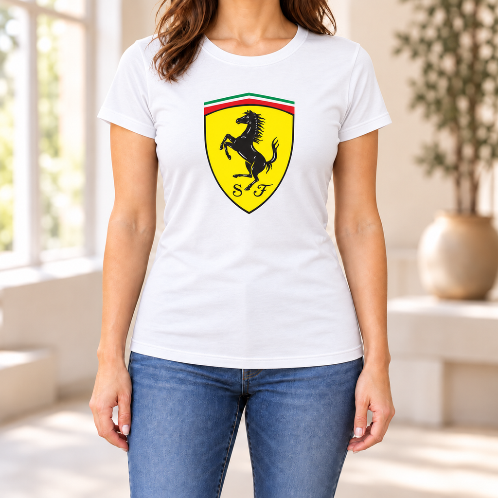 Women's Ferrari Car Round Neck T-Shirt — White