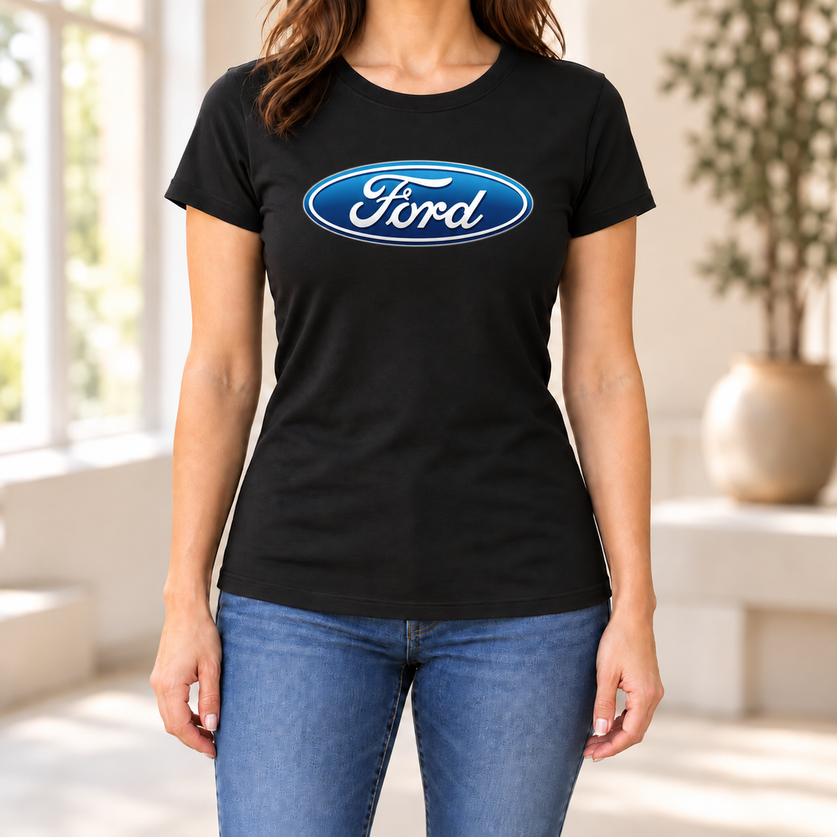 Women's Ford Car Round Neck T-Shirt — Black