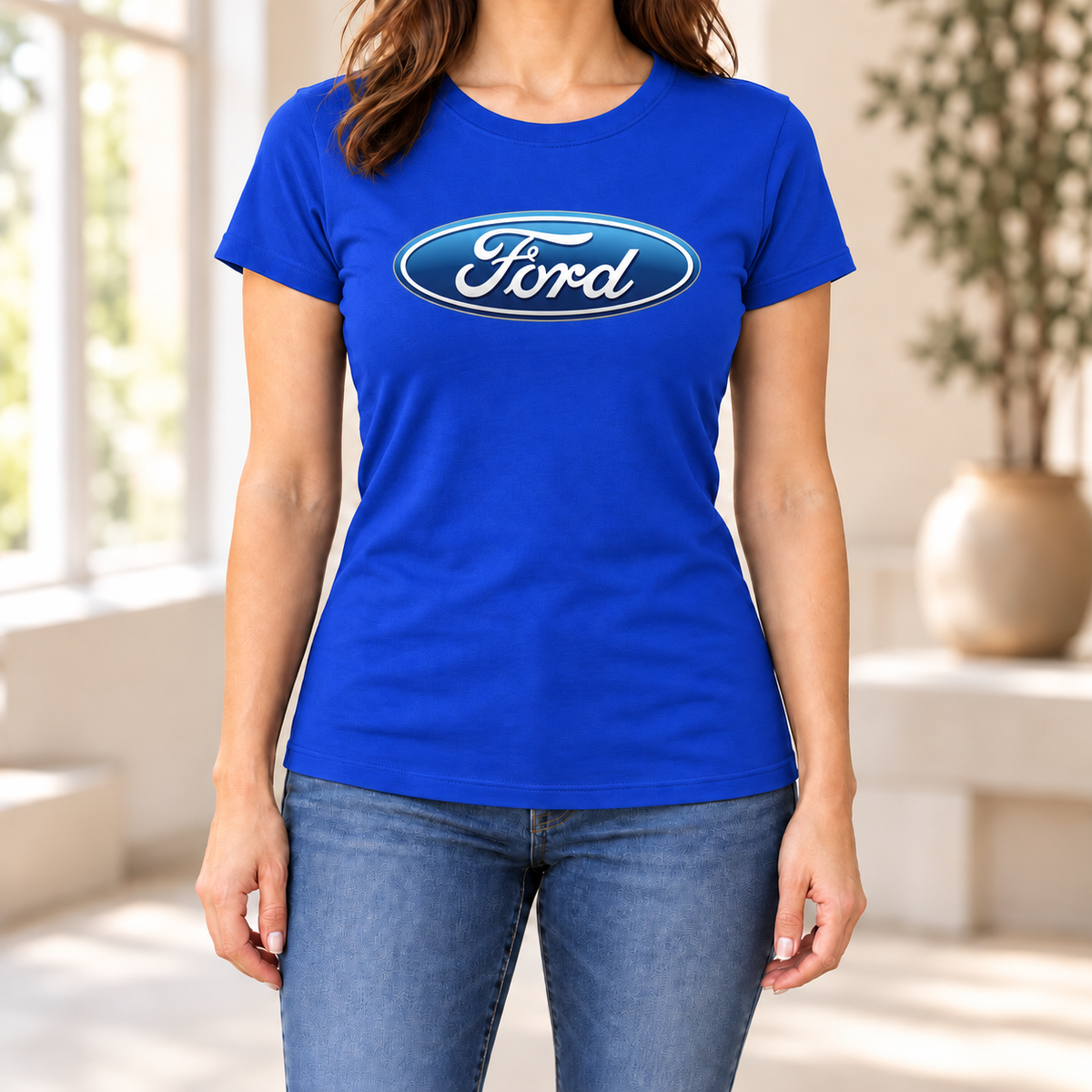 Women's Ford Car Round Neck T-Shirt — Royal Blue