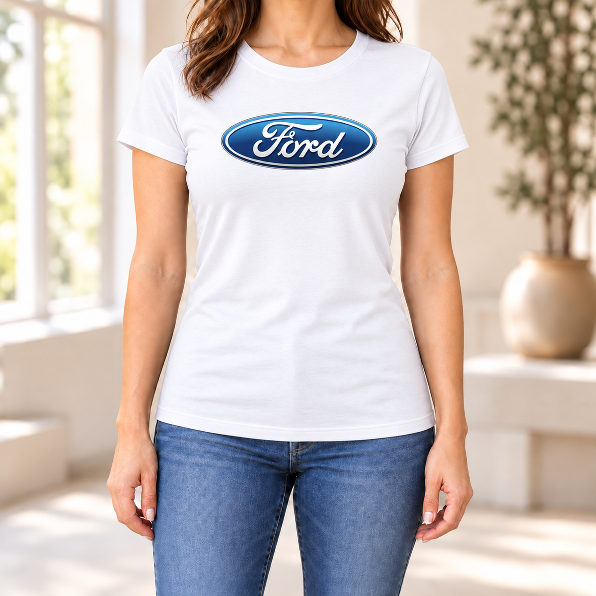Women's Ford Car Round Neck T-Shirt — White