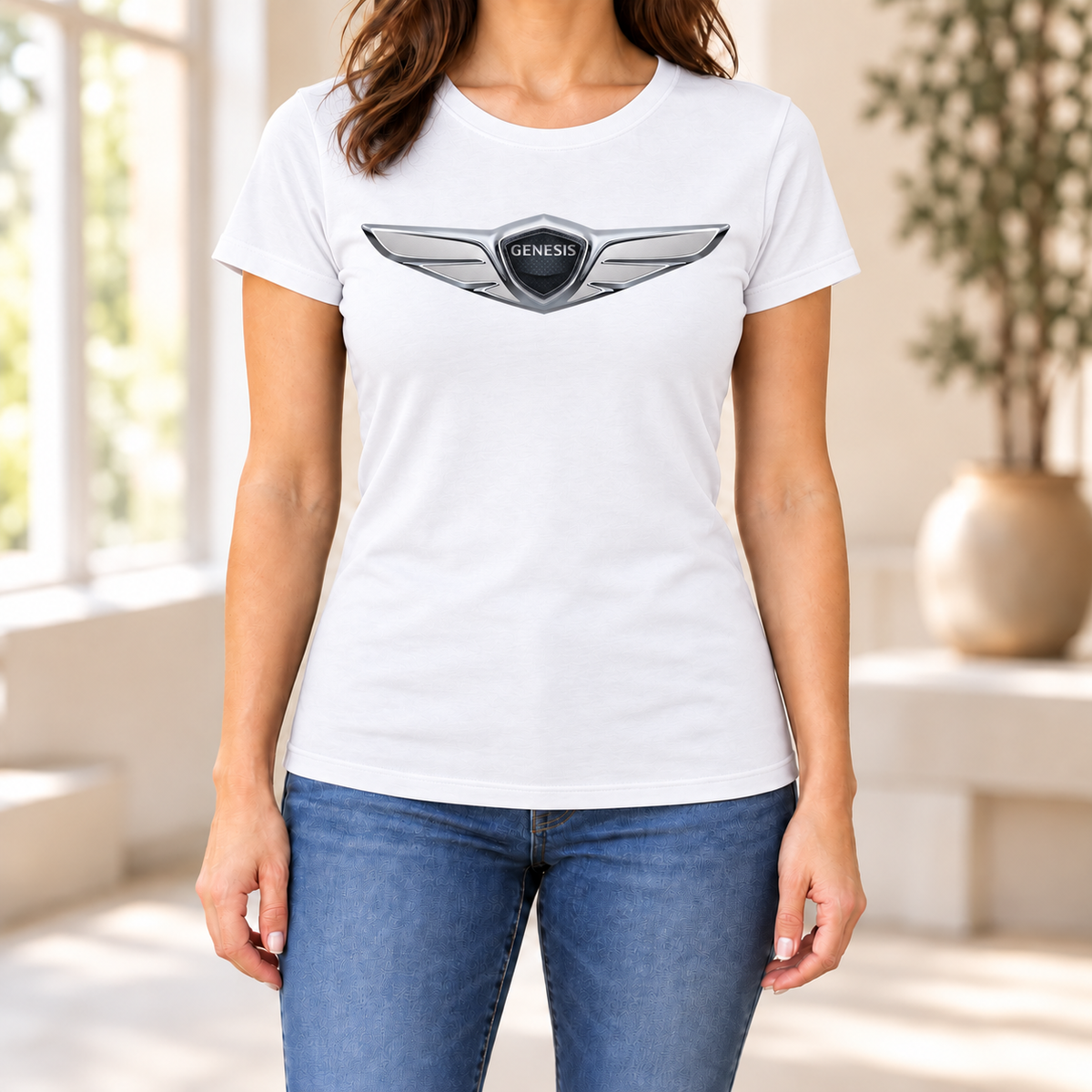 Women's Genesis Car Round Neck T-Shirt — White