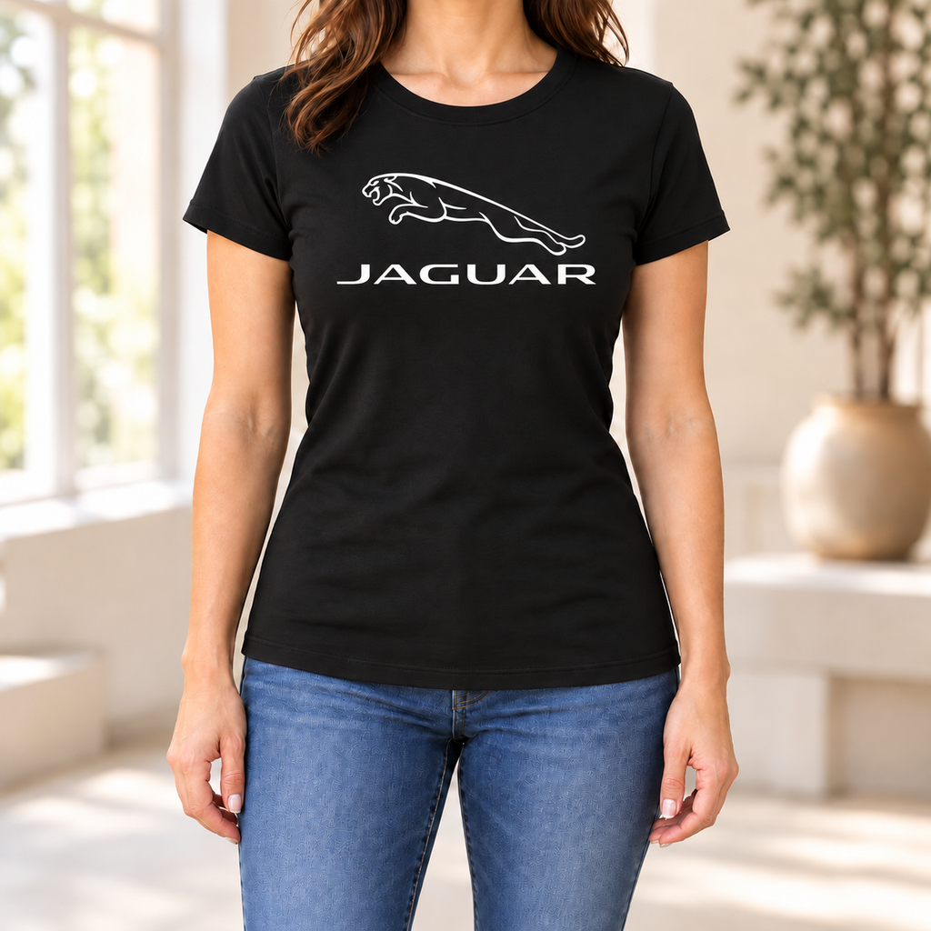 Women's Jaguar Symbol Car Round Neck T-Shirt — Black