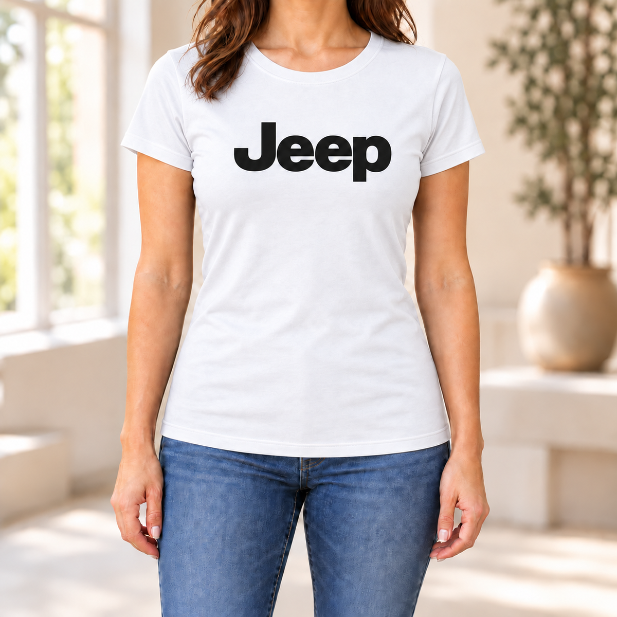 Women's Jeep Car Round Neck T-Shirt — White