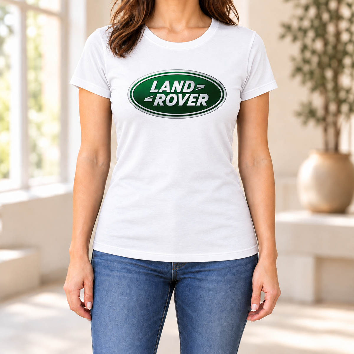 Women's Land Rover Car Round Neck T-Shirt — White