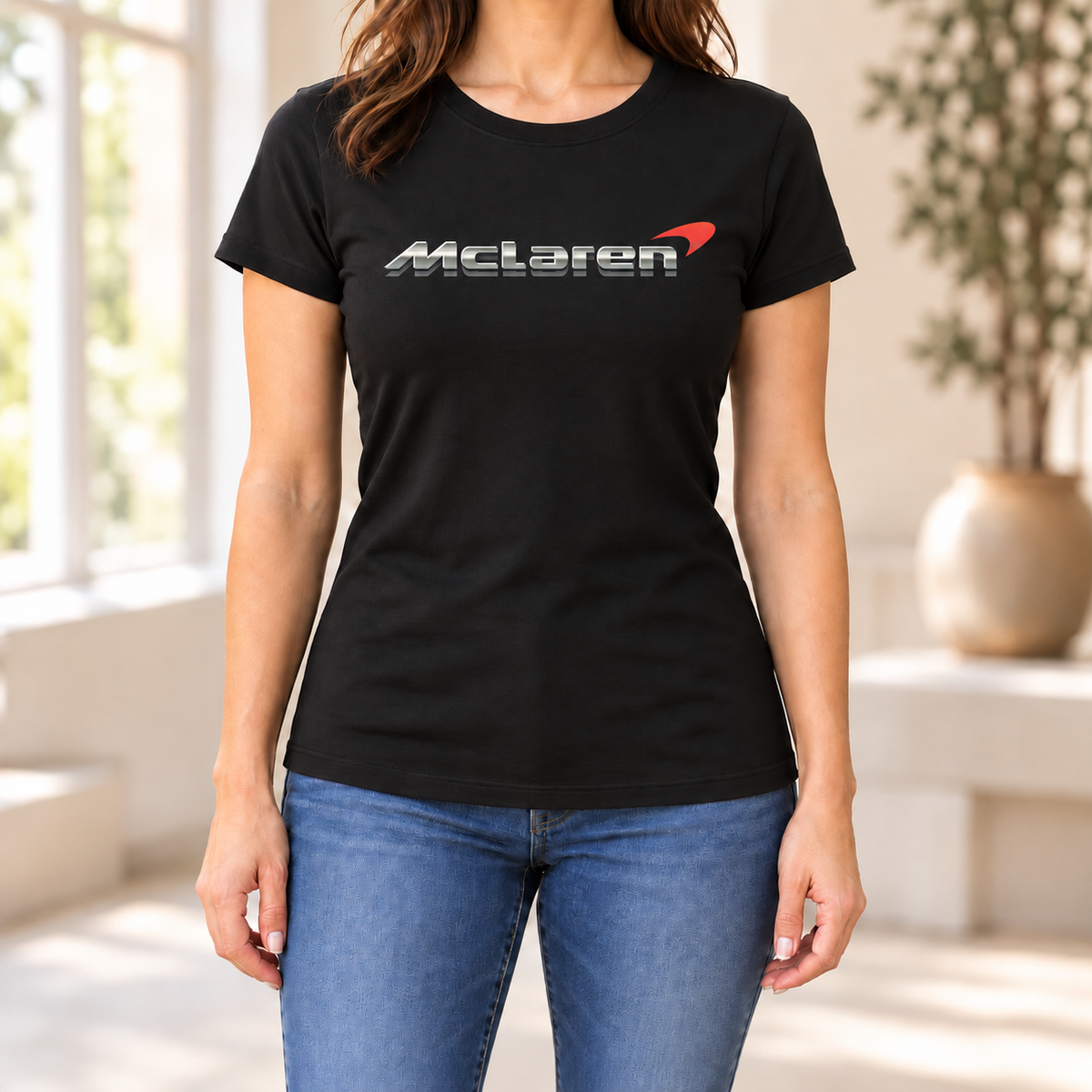 Women's McLaren Car Round Neck T-Shirt — Black