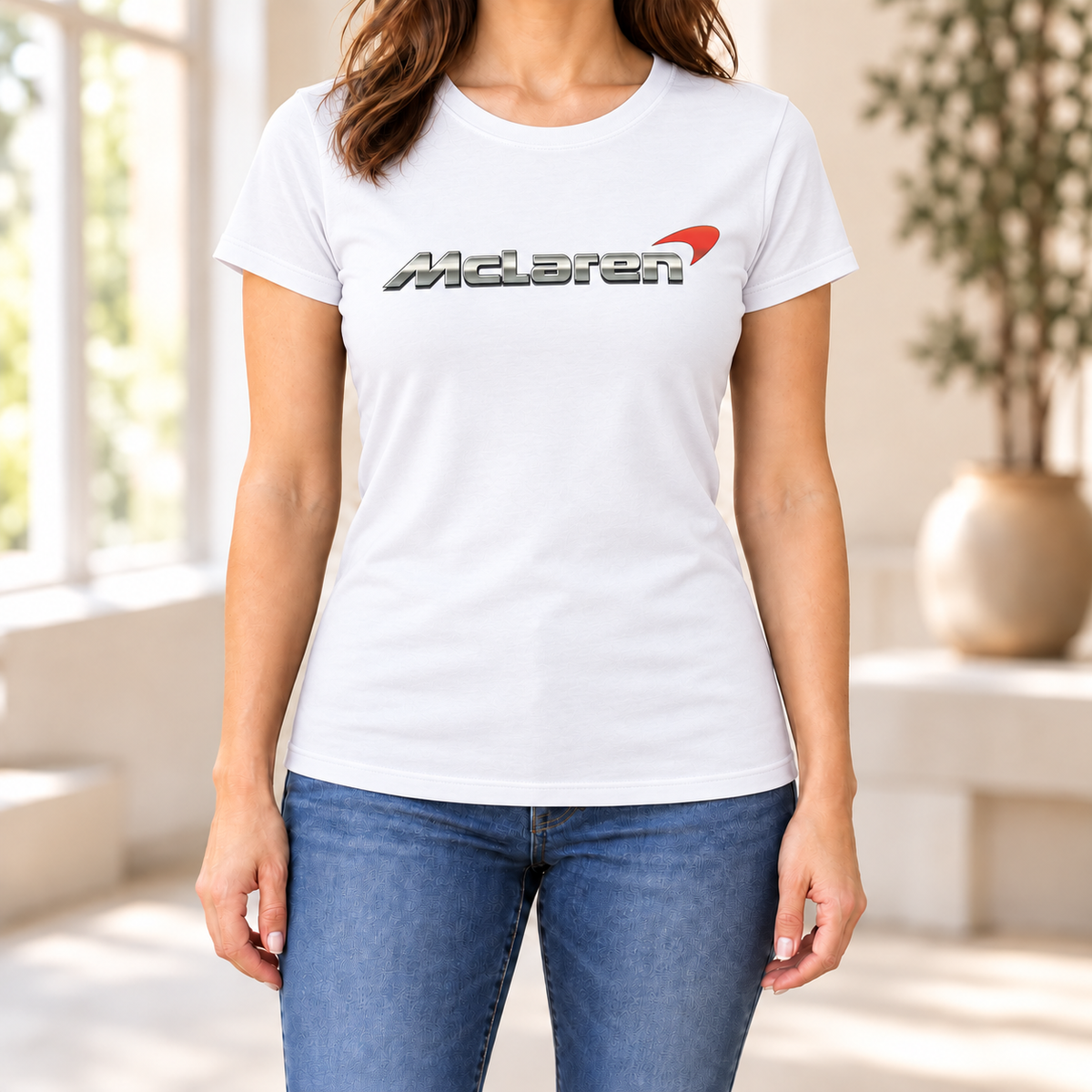 Women's McLaren Car Round Neck T-Shirt — White