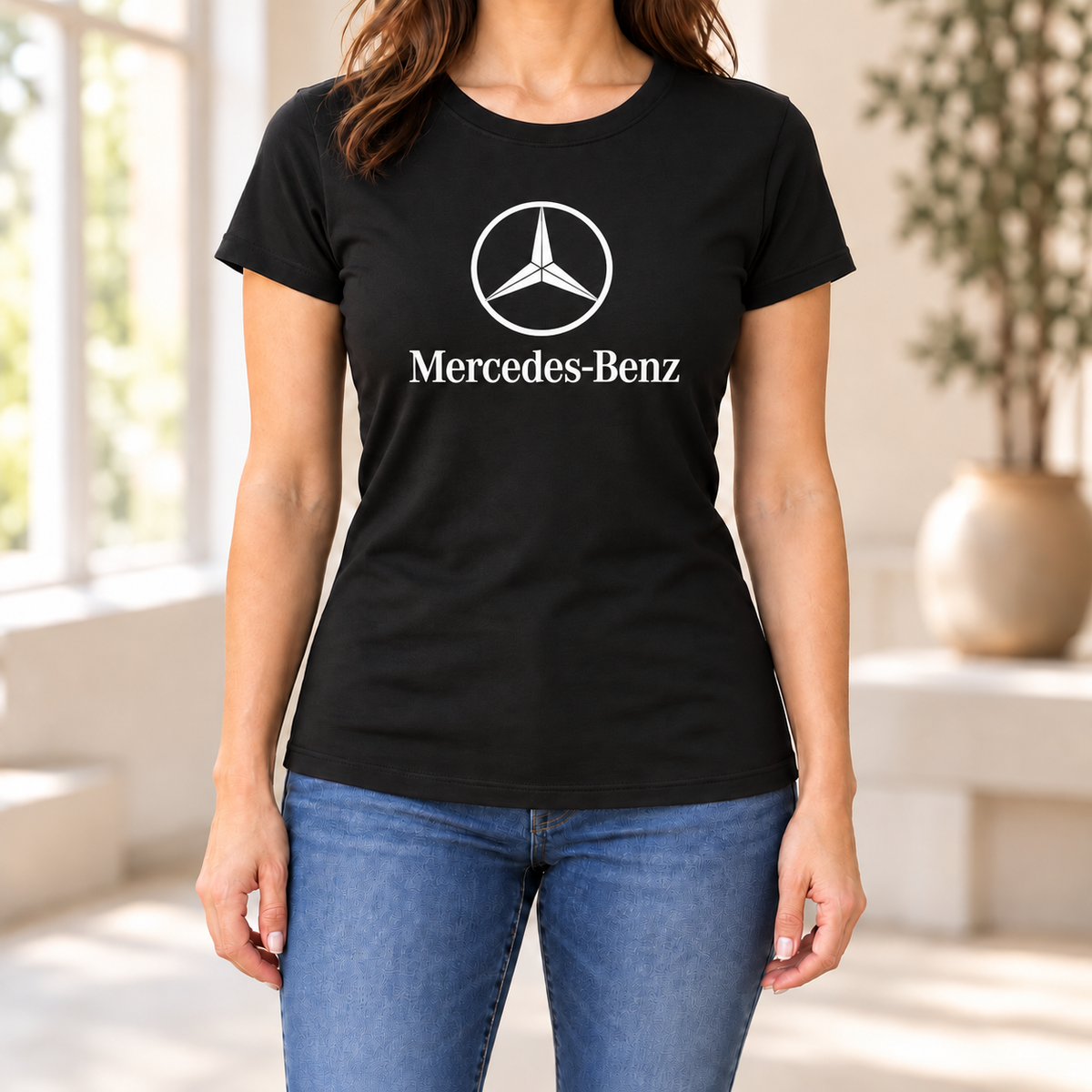 Women's Mercedes-Benz Luxury Car Round Neck T-Shirt — Black