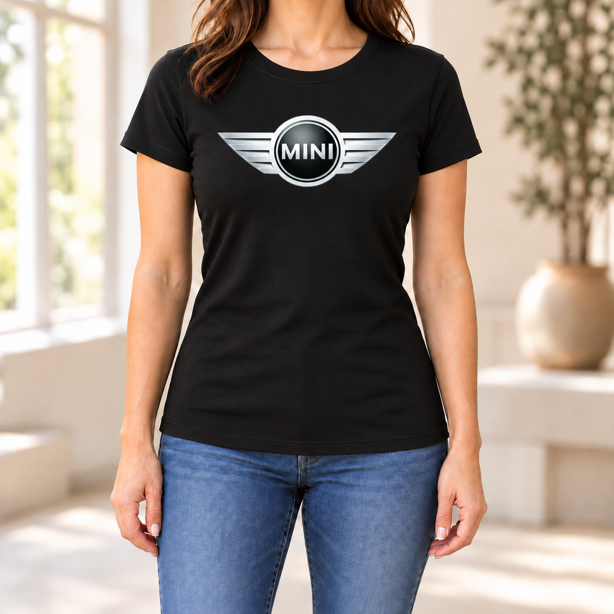 Women's Mini Cooper Car Round Neck T-Shirt — Black
