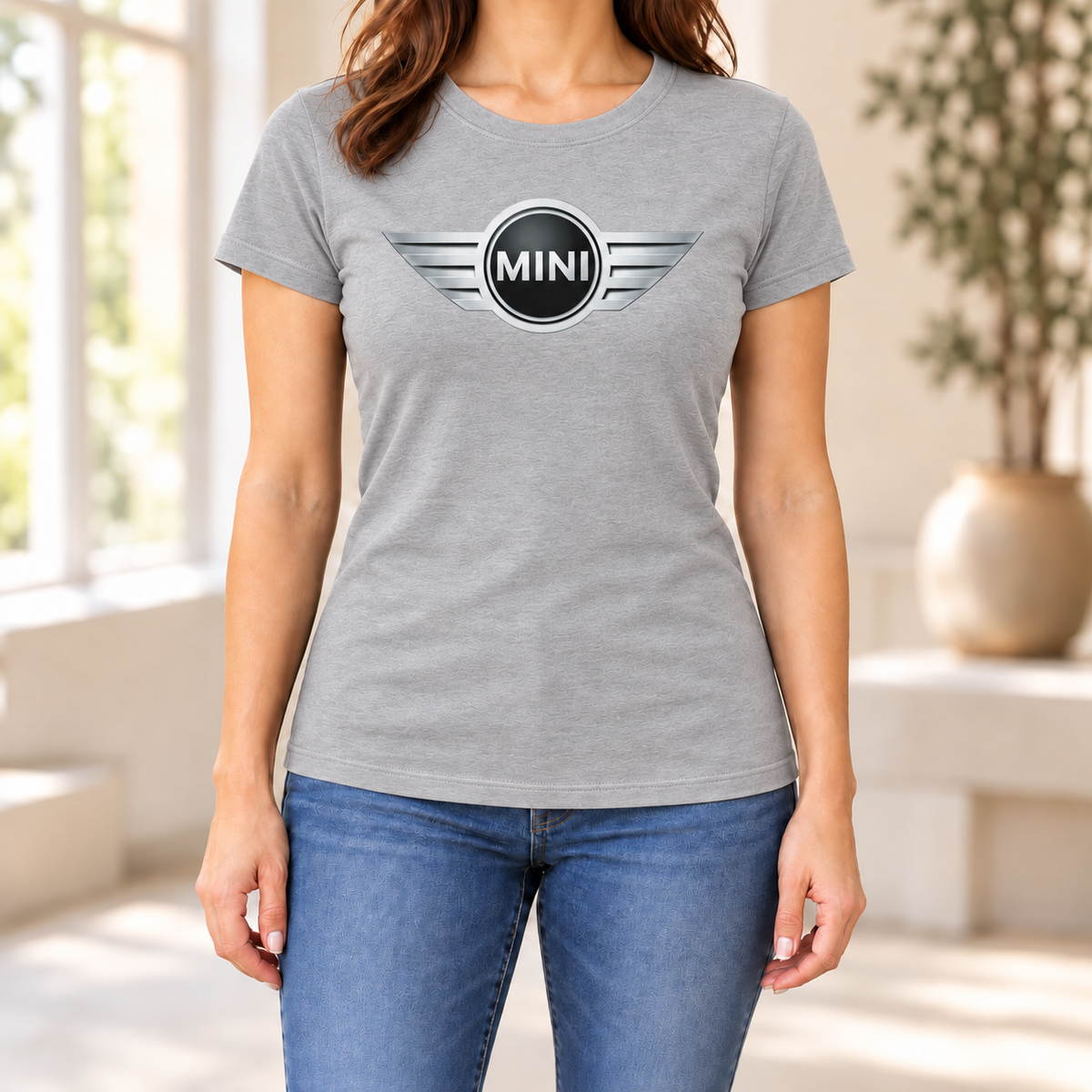 Women's Mini Cooper Car Round Neck T-Shirt — Grey