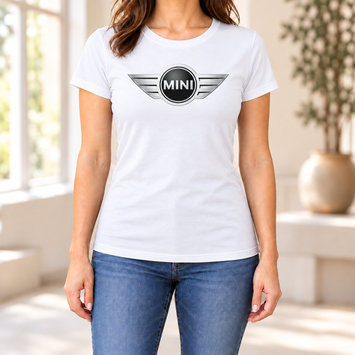 Women's Mini Cooper Car Round Neck T-Shirt — White
