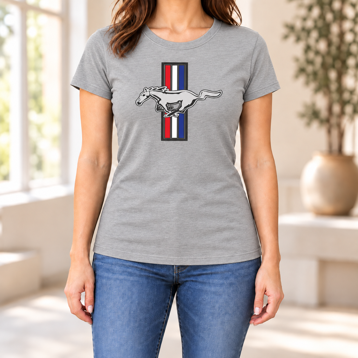 Women's Mustang Car Round Neck T-Shirt — Grey