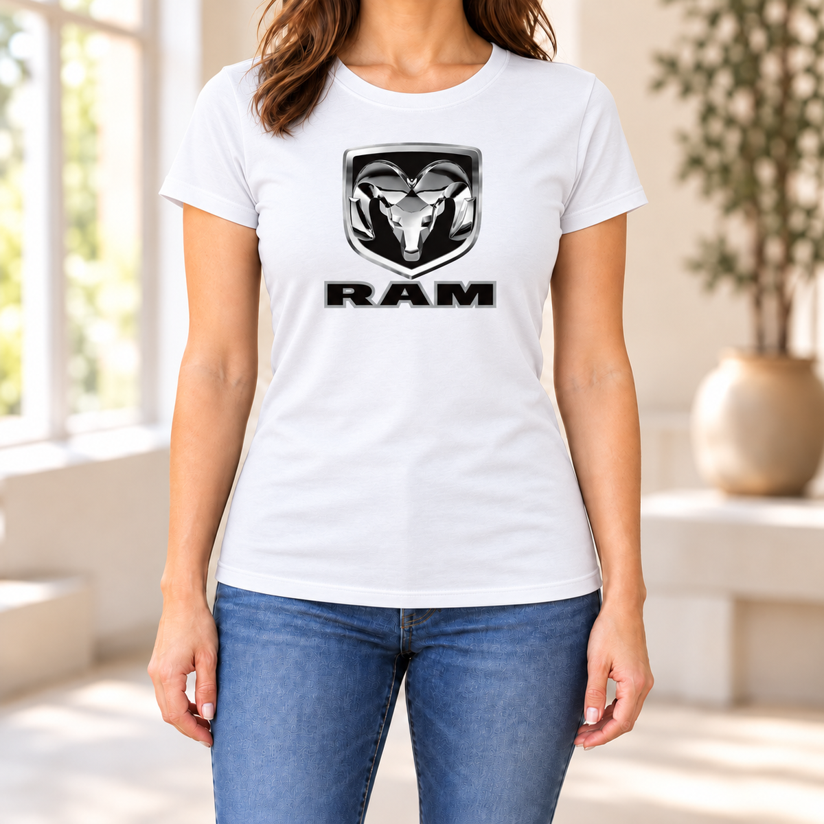 Women's Ram Car Round Neck T-Shirt — White