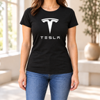 Women's Tesla Car Round Neck T-Shirt — Black