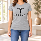 Women's Tesla Car Round Neck T-Shirt — Grey