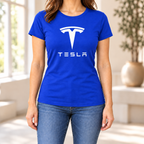 Women's Tesla Car Round Neck T-Shirt — Royal Blue