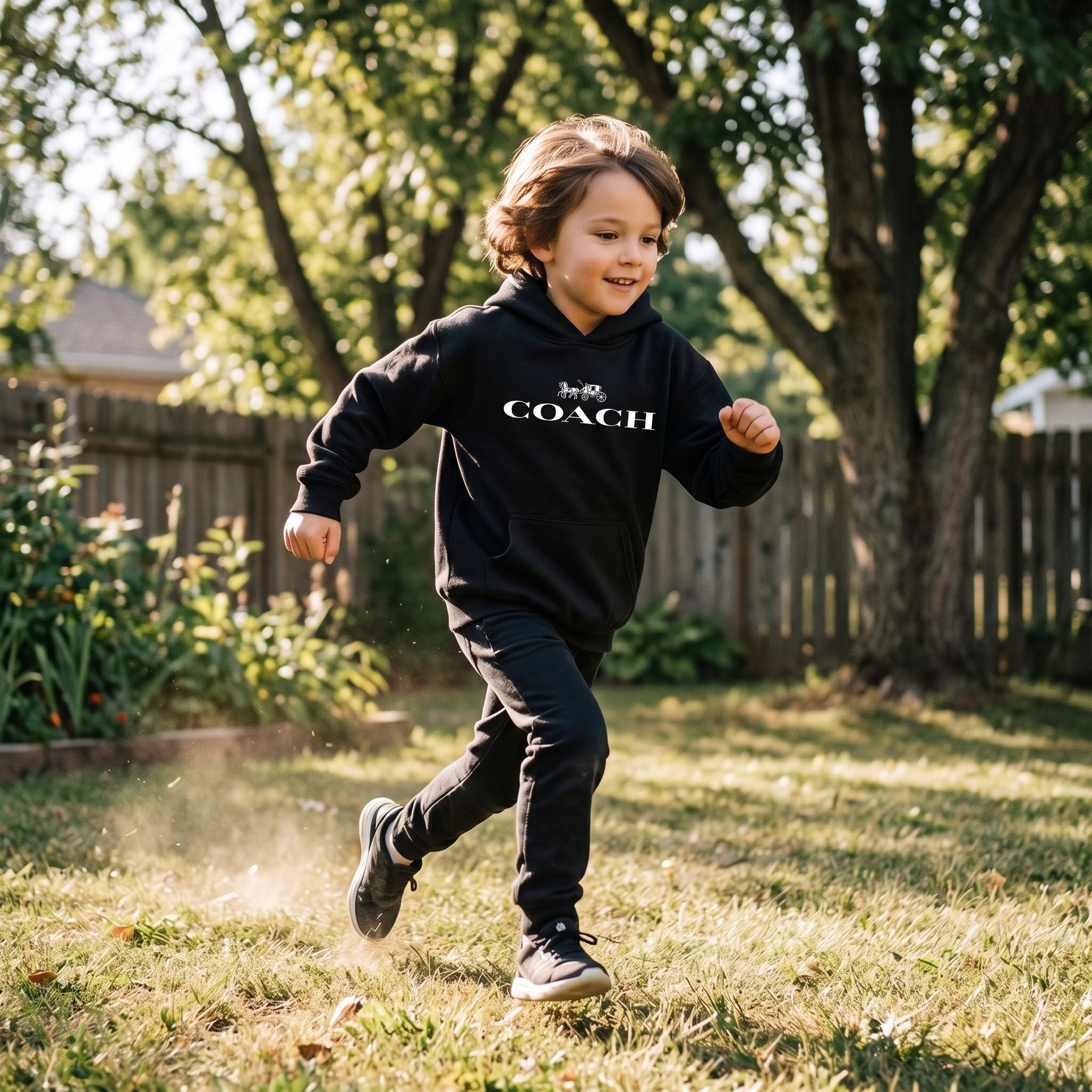Child running outdoors in backyard wearing youth kids coach pullover hoodie, captured in motion with natural sunlight and active pose.
